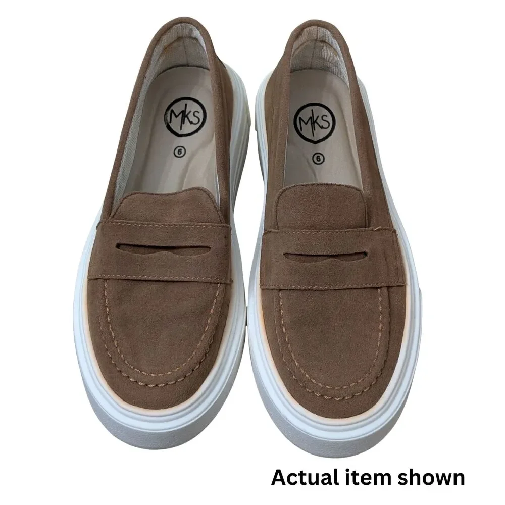 👞 MKS Suede Platform Penny Loafers Brown Slip On Shoes Size 6